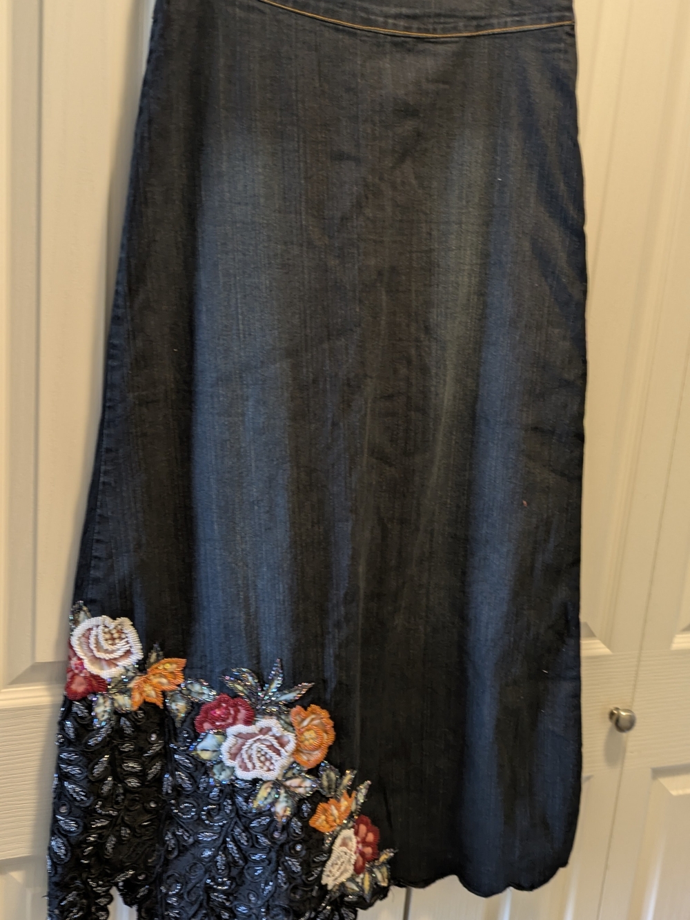 Dark Denim Maxi Skirt with Floral Embroidery